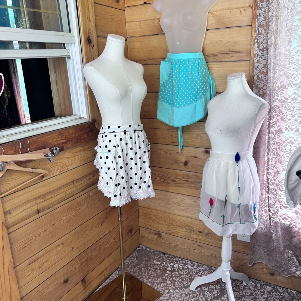 Vintage Half Apron Lot Women Large Multi Polka Dot Lace Organza Tulip 1950s 3pc
